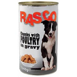 Konzerva Rasco Dog hydinove kusky v stave 1240g