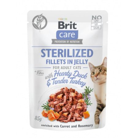 Brit Care Cat kapsičky pre sterlizované mačky, filety v želé kačka a morka 85 g